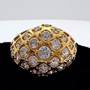 Ring, .925 Sterling Gold-wash with a Hive of Sparkling Clear Glass Stones Size 7